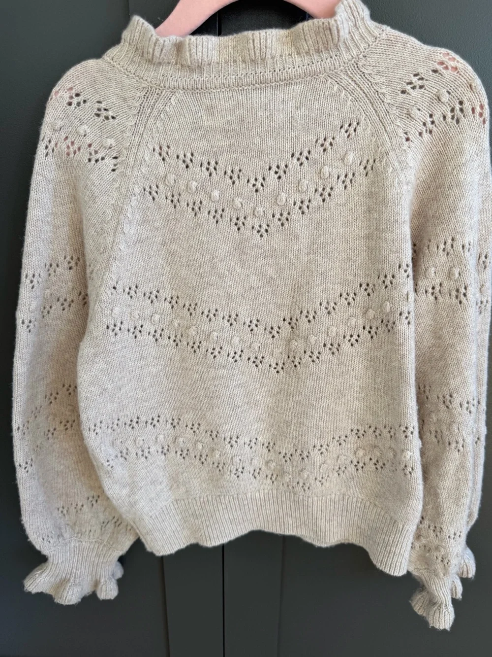 Mini Boden Tan Knit Cardigan with Pink & Red Floral Embroidery | 4-5 Y
